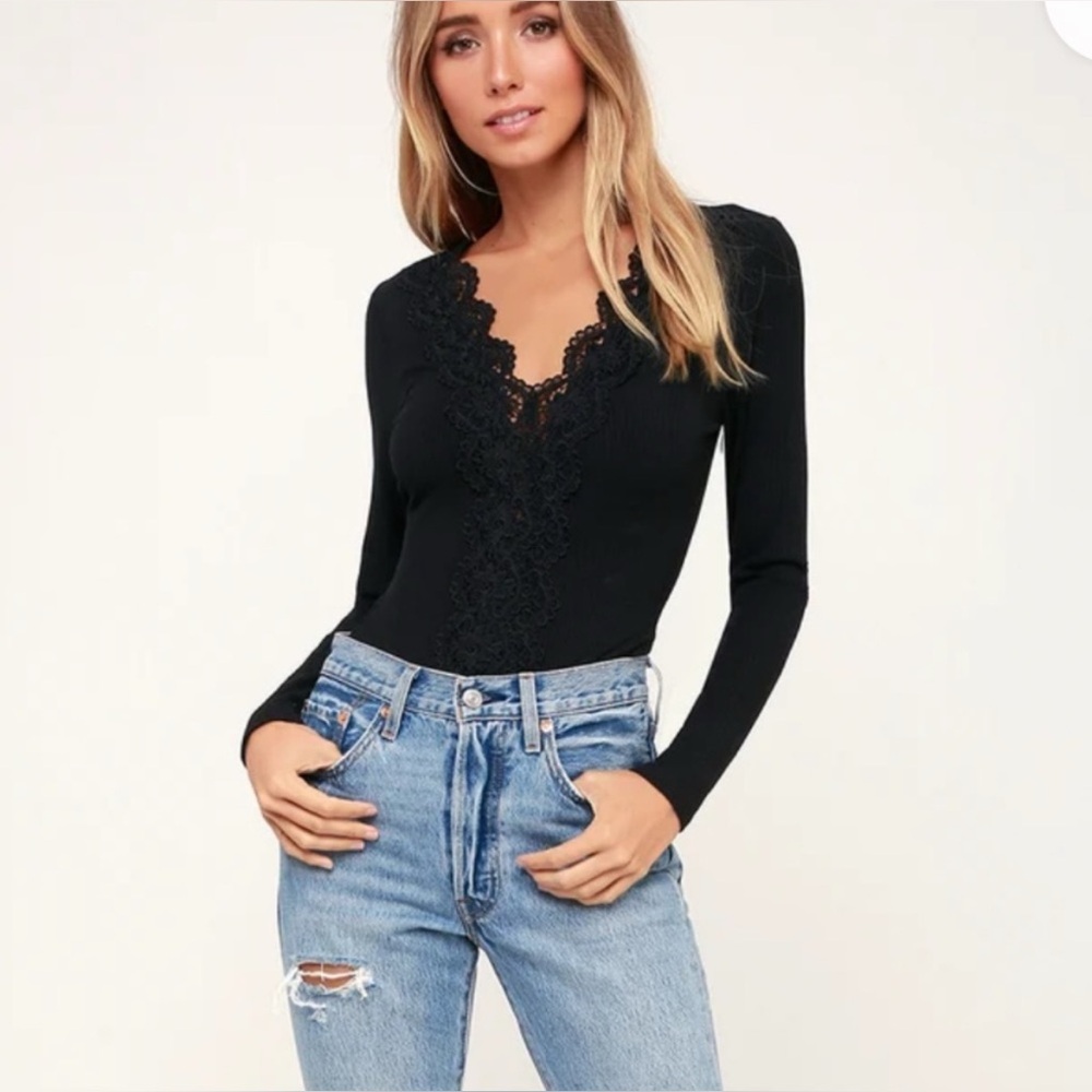 Lulus Lace Long Sleeve Bodysuit Black Size Small S